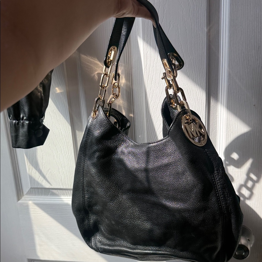 Michael Kors Black Leather Hobo Shoulder Bag with Gold Chain Accents